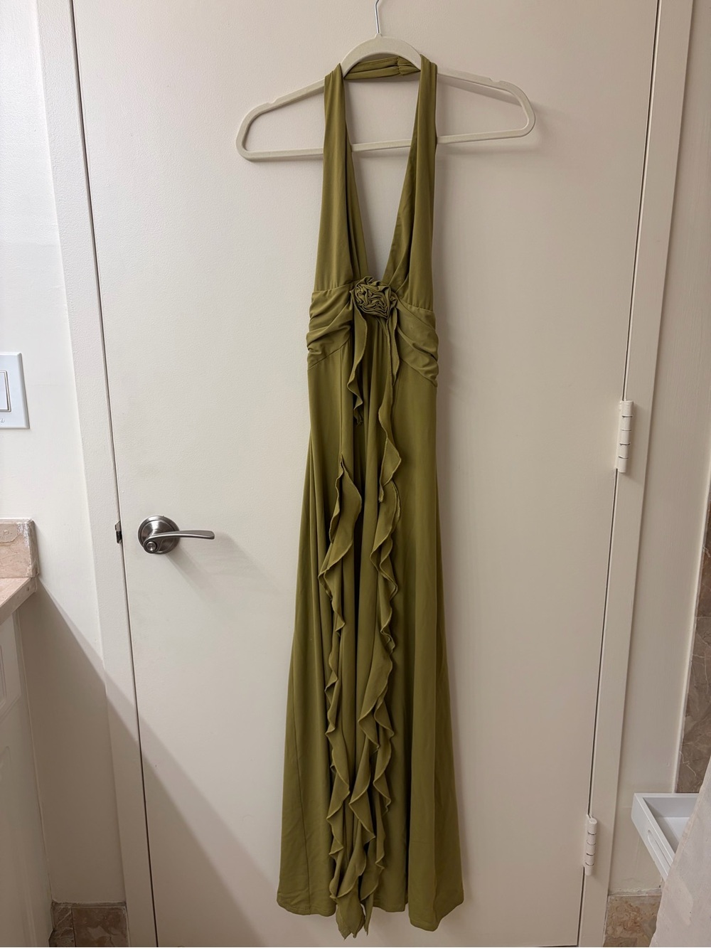 WEWOREWHAT Olive Halter Ruffle Maxi Dress